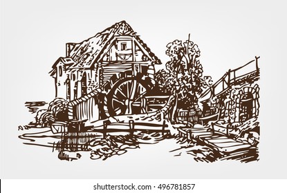 Watermill Hand Drawn Artistic Illustration