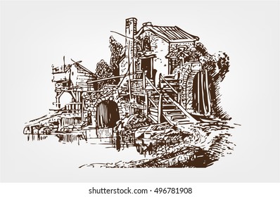 Watermill hand drawn artistic illustration
