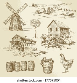 Watermill And Windmill - Hand Drawn Illustration