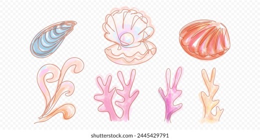 Waterolor editable vector set of drawings of sea creatures, including a shell, a clam, and a coral. The drawings are in various colors and styles, and they convey a sense of whimsy and playfulness