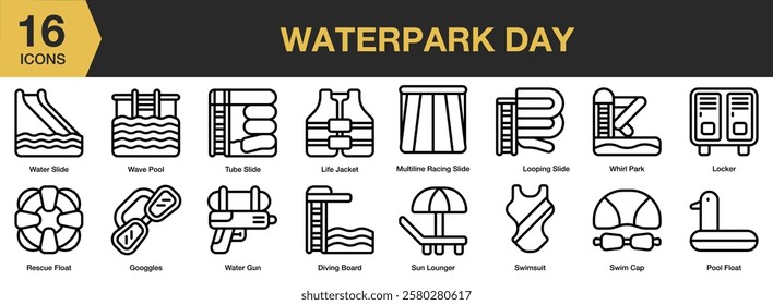 Waterpark Day icon set. Includes holiday, fun, water, waterpark, summer, leisure, resort, and More. Outline icons vector collection.