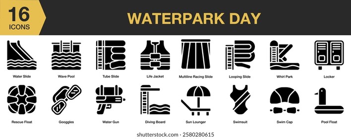 Waterpark Day solid icon set. Includes holiday, fun, water, waterpark, summer, leisure, resort, and More. Solid icons vector collection.