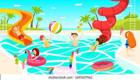 Waterpark for kids in summer, girls and boys swimming slidescartoon vector illustration. Kids playing and enjoying at water park pool on holiday vacation. Aquapark amusement and resort joy.