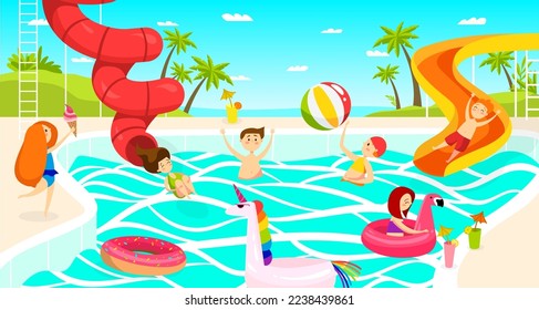 Waterpark for kids in summer, girls and boys swimming slidescartoon vector illustration.