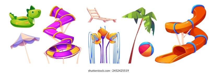 Tobogán acuático y equipamiento para el relax en verano. Conjunto de Ilustración vectorial de dibujos animados de diversión brillante aquapark túnel espiral tobogán de agua, bola inflable y anillo, tumbona y sombrilla, palmera.