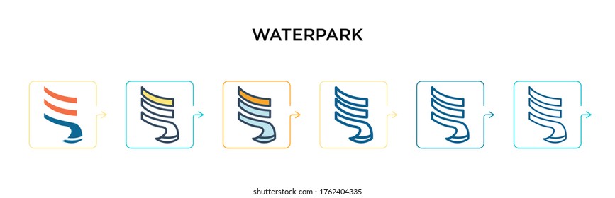Waterpark vector icon in 6 different modern styles. Black, two colored waterpark icons designed in filled, outline, line and stroke style. Vector illustration can be used for web, mobile, ui