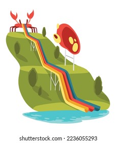 Waterpark water slide with colored plastic screw slide. Aquapark and swimming pool equipment, recreation or amusement park, fun graphic design elements. Summer attraction