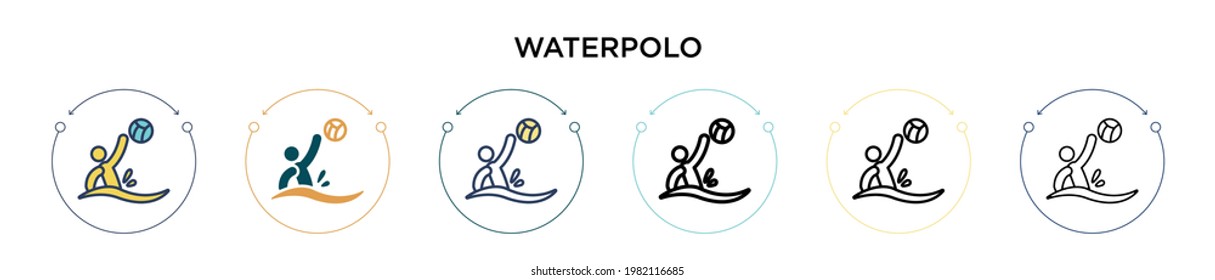 Waterpolo icon in filled, thin line, outline and stroke style. Vector illustration of two colored and black waterpolo vector icons designs can be used for mobile, ui, web