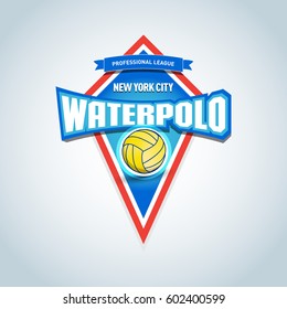 Waterpolo logo / emblem template. Vector waterpolo league logo with ball. Sport badge for tournament championship or league. Isolated vector illustration.