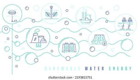 Water-power Energy Brand Identity With Hydroelectric, Tidal, Wave Power Station Icons. Renewable Water Energy Source. Ecology Concept. Vector Illustration In Outline Style Isolated On White Background