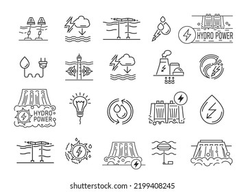 Water-power Plant Signs. Hydroelectric, Tidal, Wave Power Station Icons. Renewable Water Energy Source. Vector Illustration In Outline Style In Black Color Isolated On A White Background.