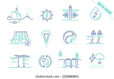 
Water-power plant signs. Hydroelectric, tidal, wave power station icons. Renewable water energy source. Vector illustration in outline style in blue color isolated on a white background.