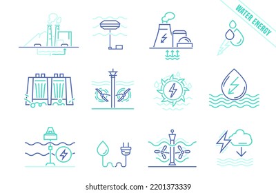 Water-power Plant Signs. Hydroelectric, Tidal, Wave Power Station Icons. Renewable Water Energy Source. Vector Illustration In Outline Style In Blue Color Isolated On A White Background.