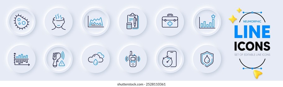 Waterproof, Accounting and Rainy weather line icons for web app. Pack of Timer app, Efficacy, Diagram chart pictogram icons. Bacteria, First aid, Electronic thermometer signs. Vector