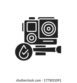 Wasserdichte Action-Kamera schwarze Glyphe Symbol. Konzept für wasserabweisende elektronische Geräte. Piktogramm für Webseiten, mobile App, Promo. UI UX-Bildschirm. Anzeige der Benutzeroberfläche.