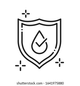 Waterproof black line icon. Water repellent coating concept. Impermeable protection, safety, barrier sign. Pictogram for web page, mobile app, promo. UI UX GUI design element.