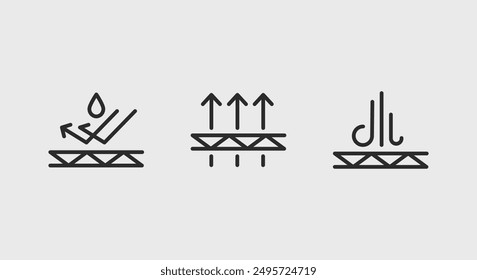 Wasserdichte, atmungsaktive, isolierte Symbole. Die Symbole der Fabric-Eigenschaft sind festgelegt. Wasserdichte Schicht, Atmungsaktivität Pfeile, Isolationssymbol Symbole einzeln auf weißem Hintergrund. Vektorgrafik.