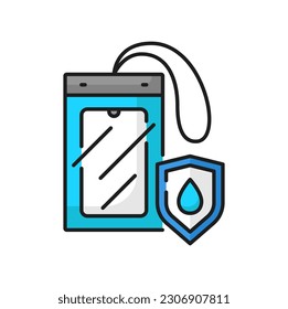 Waterproof case for smartphone, protection shield outline icon. Vector waterproof bag with shield, smartphone protection and defense pouch