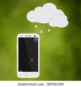 waterproof cell phone with water drops and cloud vector illustration
