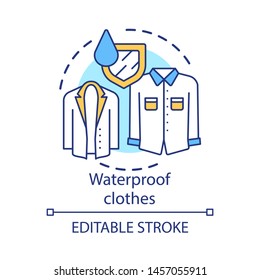 Waterproof clothes concept icon. Moisture resistant autumn clothing idea thin line illustration. Hydrophobic textile, fabric waterproof properties. Vector isolated outline drawing. Editable stroke