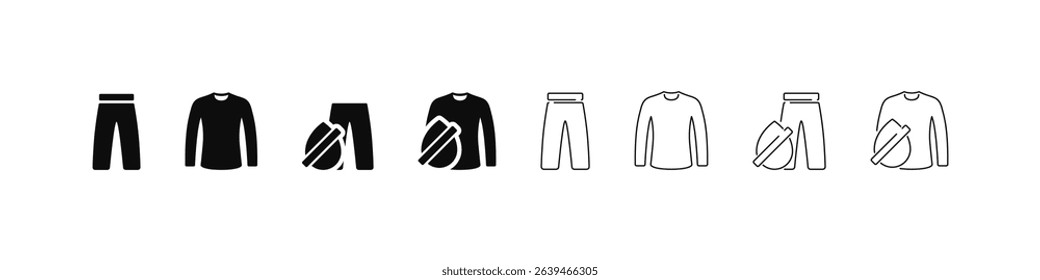 Waterproof clothes icons in flat and outline vector style. Rainwear and outdoor clothing symbol collection set.