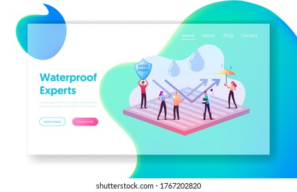 Waterproof Clothes Landing Page Template. Tiny Characters Stand on Huge Water Proof Coating with Umbrella and Falling Rain Drops. New Technology, Impregnated Fabric. Cartoon People Vector Illustration