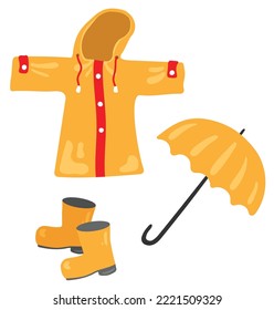 Waterproof clothes for rainy weather set. Umbrella, rubber boots, raincoat. Hand drawn vector illustration. Suitable for website, stickers, postcards.