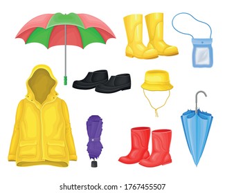Waterproof Clothes and Things for Rainy Weather Condition with Yellow Raincoat and Rubber Boots Vector Set