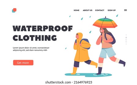 Waterproof Clothing Landing Page Template. Happy Kids Run under Umbrella, Boy in Raincoat and Girl Characters with Backpacks Walking at Rainy Weather to School. Cartoon People Vector Illustration
