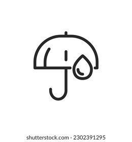 Waterproof Concept Icon: Vector Outline Editable Umbrella with Water Drop, Symbolizing Water Resistance.
