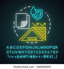 Waterproof construction neon light concept icon. Water resistant building materials idea. Hydrophobic covering substance. Glowing sign with alphabet, numbers and symbols. Vector isolated illustration