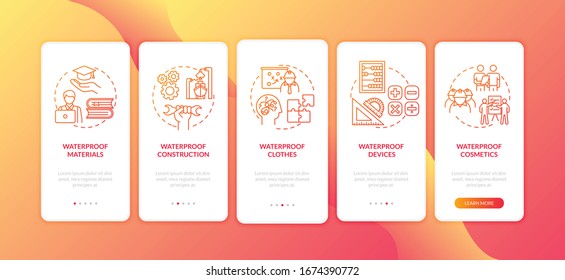 Waterproof constructions onboarding mobile app page screen with concepts set. Water protection material walkthrough 5 steps graphic instructions. UI vector template with RGB color illustrations