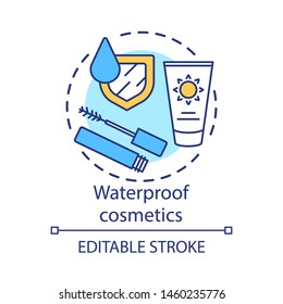 Waterproof cosmetics concept icon. Water resistant mascara, sunscreen cream idea thin line illustration. Skincare, makeup products waterproof formula. Vector isolated outline drawing. Editable stroke