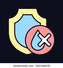 Waterproof drone RGB color manual label icon for dark theme. Flying in rain. Isolated vector illustration on night mode background. Simple filled line drawing on black for product use instructions