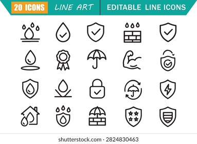 Waterproof durability icons set, 20 editable line art icons set, weatherproof, protection, outdoor, resilience, long-lasting, construction, product quality, durability testing theme style,clean vector