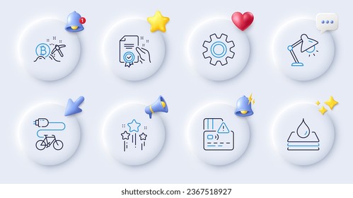 Waterproof, Electric bike and Table lamp line icons. Buttons with 3d bell, chat speech, cursor. Pack of Card, Service, Bitcoin mining icon. Certificate, Stars pictogram. For web app, printing. Vector