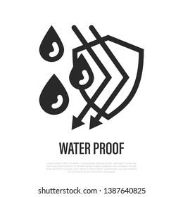 Waterproof fabric thin line icon. Drops fly off the shield. Vector illustration of fabric feature.