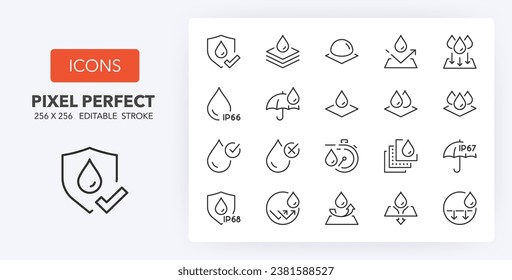 Waterproof fabrics and absorbent fabrics, thin line icon set. Outline symbol collection. Editable vector stroke. 256x256 Pixel Perfect scalable to 128px, 64px...