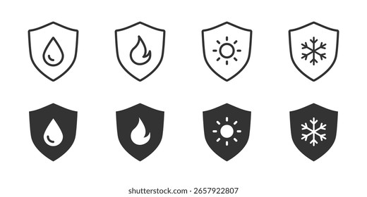 Wasserdichtes, feuerfestes, sonnenfestes und frostsicheres Verteidigungssymbol, Vektorgrafik. Haltbarkeit, Witterungsbeständigkeit und zuverlässiges Sicherheitssymbol. Geeignet für Produktetiketten und Verpackungsschilder.