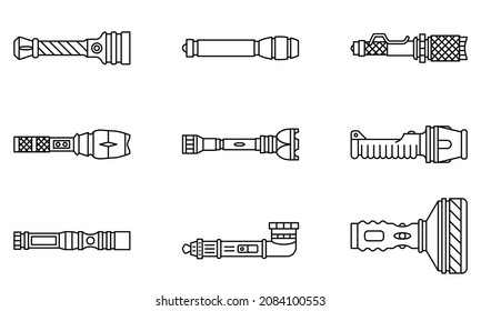 Waterproof flashlight in a protective case. Portable handheld flashlight for night light. Tourism, travel, security.  Editable stroke. Set of vector icons, outline, isolated