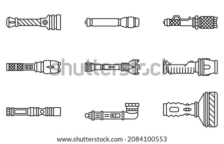 Waterproof flashlight in a protective case. Portable handheld flashlight for night light. Tourism, travel, security.  Editable stroke. Set of vector icons, outline, isolated