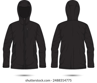 Waterproof hooded outdoor jacket mockup front and back view