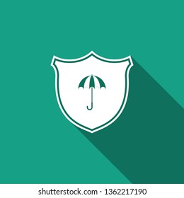 Waterproof icon isolated with long shadow. Shield and umbrella. Water protection sign. Water resistant symbol. Flat design. Vector Illustration