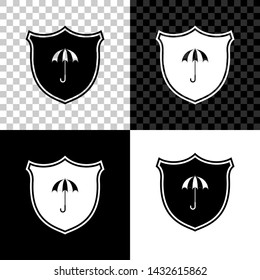Waterproof icon isolated on black, white and transparent background. Shield and umbrella. Water protection sign. Water resistant symbol. Vector Illustration