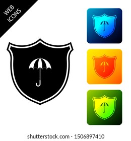 Waterproof icon isolated on white background. Shield and umbrella. Water protection sign. Water resistant symbol. Set icons colorful square buttons. Vector Illustration