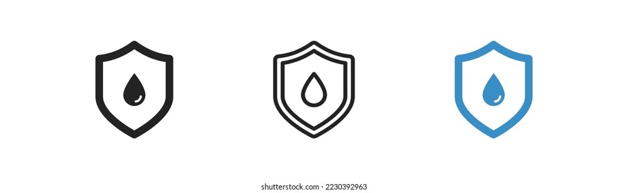 Waterproof icon on light background. Blue water drop with shield. Hydrophobic concept. Water resistant. Safety, protection symbol. Flat design. Vector illustration.