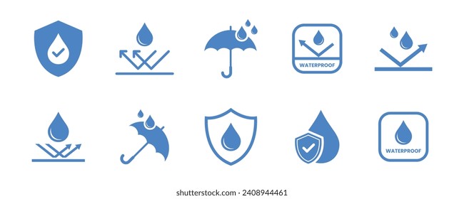 Waterproof icon set. Waterproof sign collection. Water resistant symbol. Water protection icon with a shield. Packaging symbols. Vector illustration.