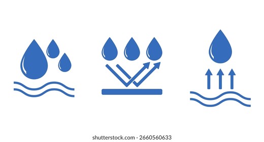 Conjunto de iconos a prueba de agua con símbolos de gota de agua. Anticorrosión, resistente al Clima y protección contra el agua Iniciar sesión de estilo de Vector plano. Perfecto para la tela, ropa, equipo al aire libre o diseño de embalaje.