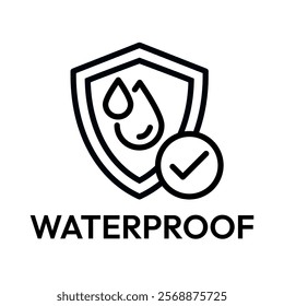 Waterproof icon set. Water resistant symbol. Water protection, liquid proof protection. Shield with water drop. Anti wetting material, surface protection. Waterproof logo, label, badge, line, vector.