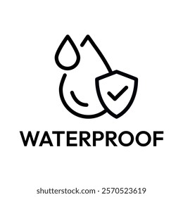 Waterproof icon set. Water resistant symbol. Water protection, liquid proof protection. Shield with water drop. Anti wetting material, surface protection. Waterproof logo, label, badge, line, vector.